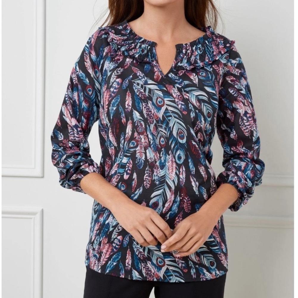 Talbots 1X Peacock Feather Print Smocked Ruffle Cotton Top Lightweight Peasant